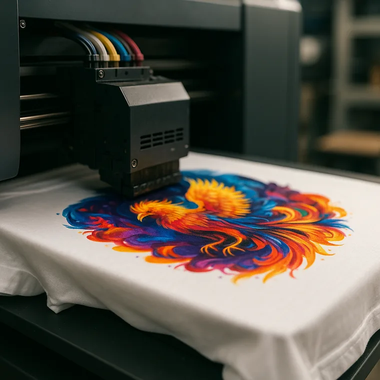 DTG digital printing a full-color design on a t-shirt