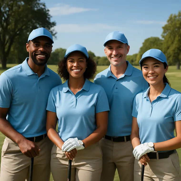 Golf team in matching custom performance polos