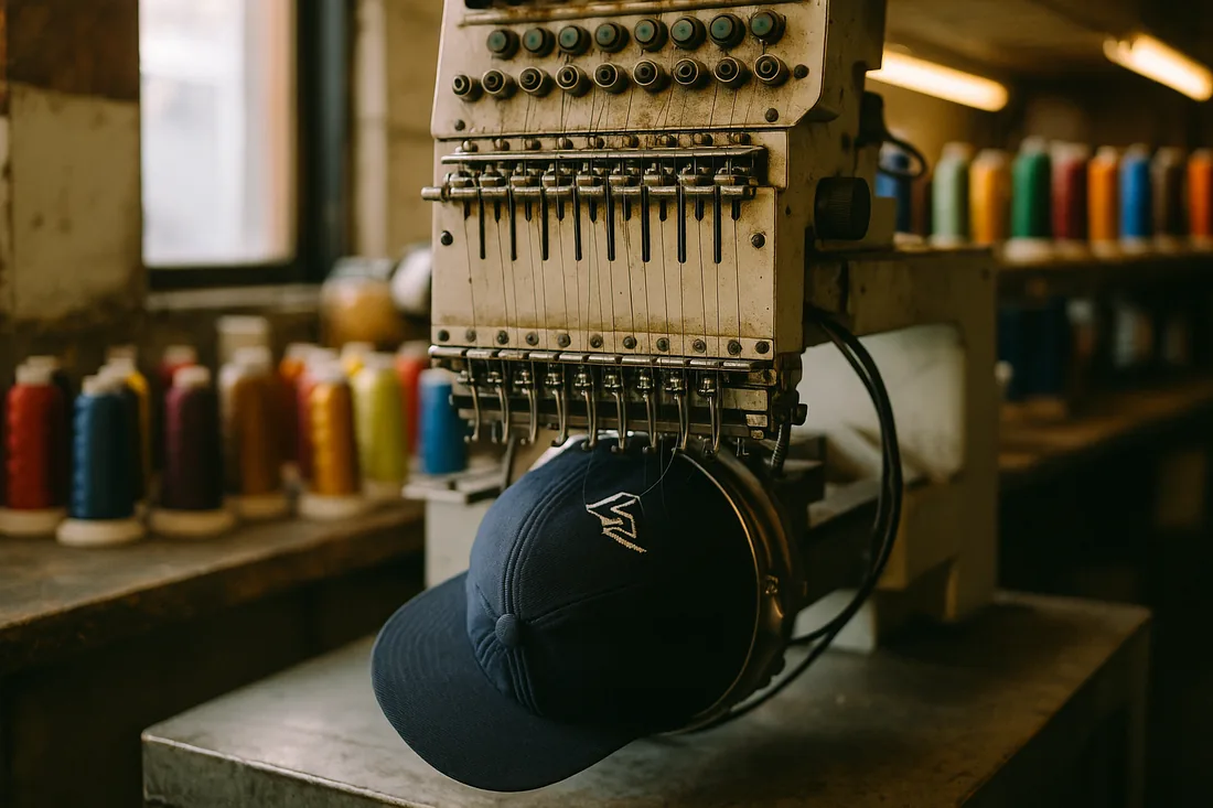 Industrial embroidery machine stitching a custom logo