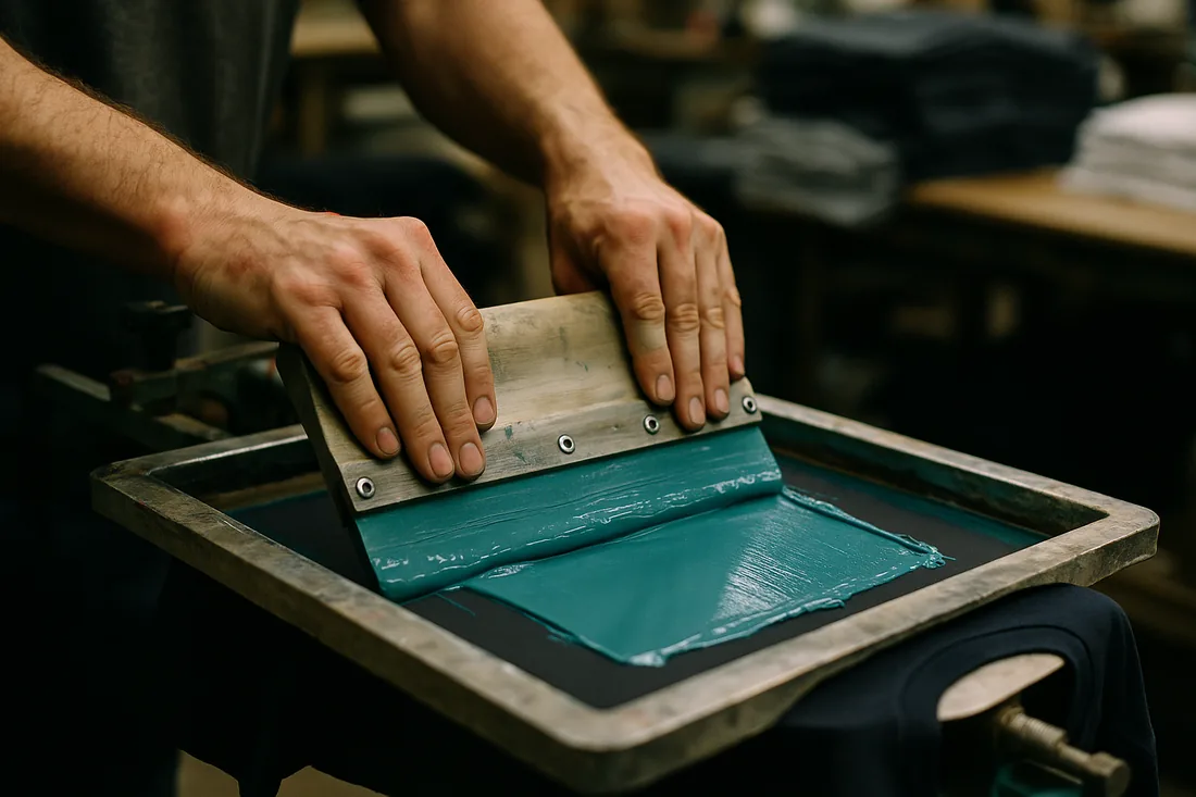 Screen printing custom t-shirts in the L1 Print shop